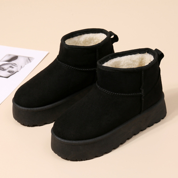 Ghete de iarnă pentru femei cu talpă groasă, căptușite cu blană artificială, partea superioară din velur, înălțime medie, toc mediu 3–5 cm