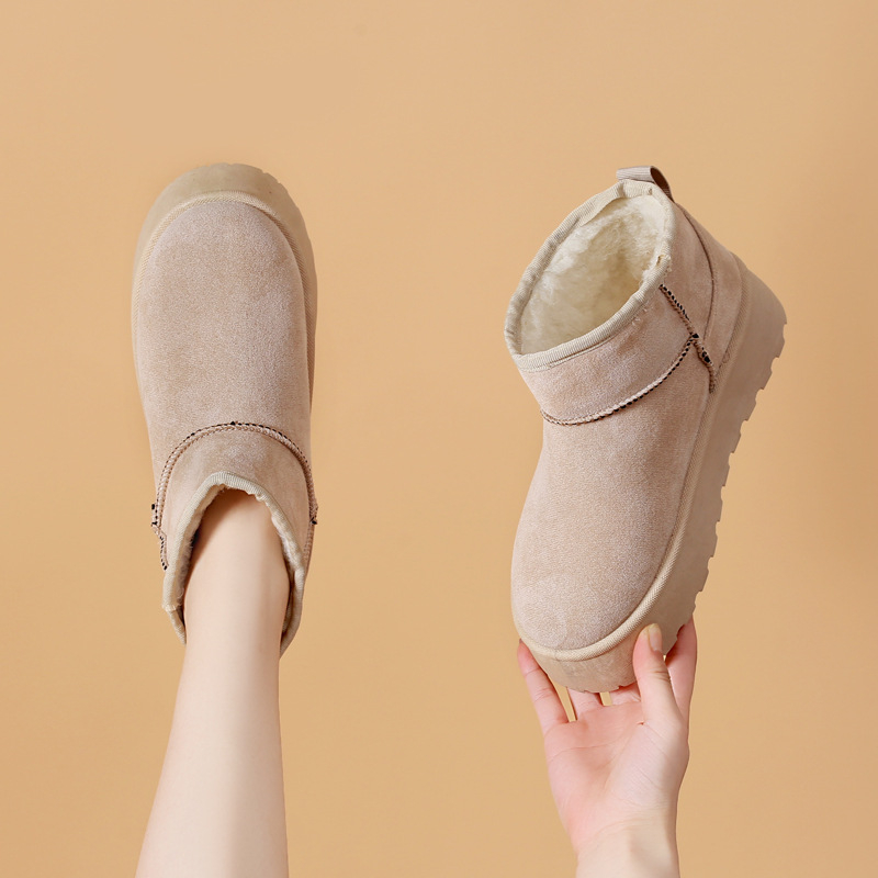 Ghete de iarnă pentru femei cu talpă groasă, căptușite cu blană artificială, partea superioară din velur, înălțime medie, toc mediu 3–5 cm