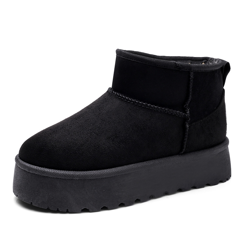 Ghete de iarnă pentru femei cu talpă groasă, căptușite cu blană artificială, partea superioară din velur, înălțime medie, toc mediu 3–5 cm