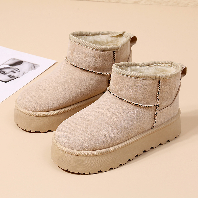 Ghete de iarnă pentru femei cu talpă groasă, căptușite cu blană artificială, partea superioară din velur, înălțime medie, toc mediu 3–5 cm