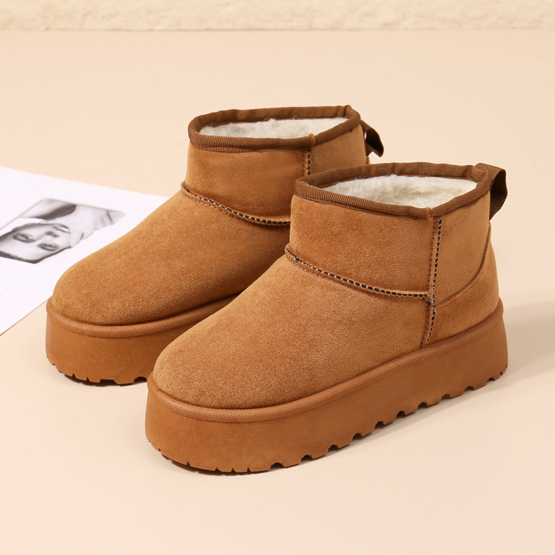 Ghete de iarnă pentru femei cu talpă groasă, căptușite cu blană artificială, partea superioară din velur, înălțime medie, toc mediu 3–5 cm