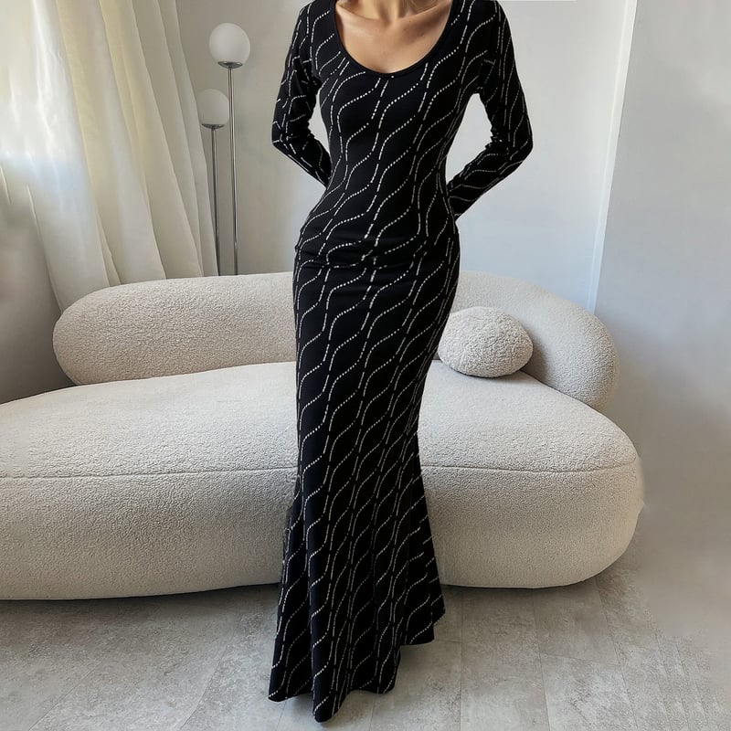 Női őszi-téli hosszú ujjú, európai és amerikai stílusú, testhezálló szabású és flitterekkel díszített lakomaruha