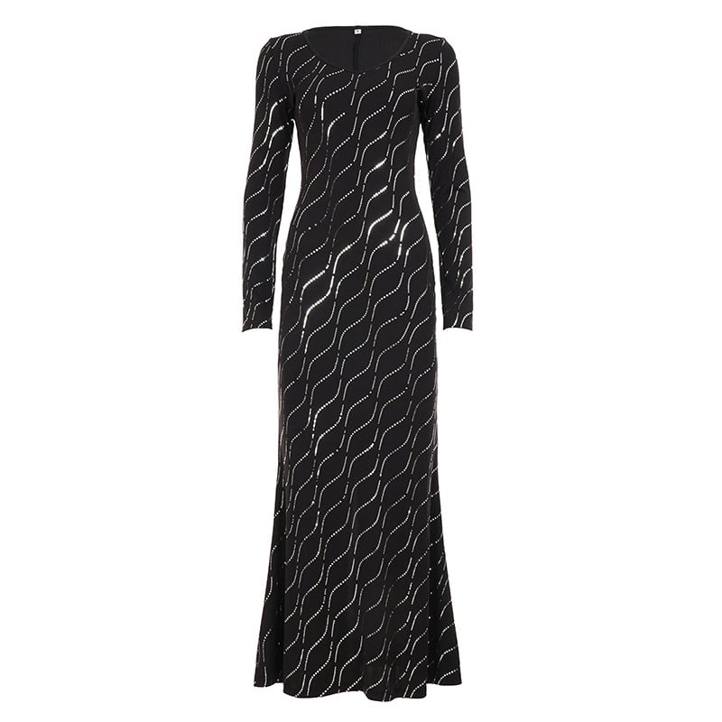 Női őszi-téli hosszú ujjú, európai és amerikai stílusú, testhezálló szabású és flitterekkel díszített lakomaruha