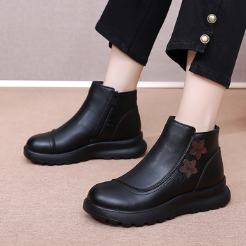 Pantofi damă de iarnă din piele naturală, căptușiți cu lână, talpă PU, vârf rotund, fermoar lateral