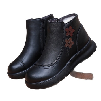 Pantofi damă de iarnă din piele naturală, căptușiți cu lână, talpă PU, vârf rotund, fermoar lateral