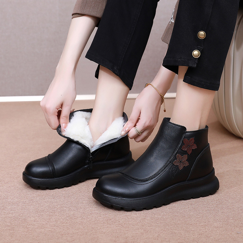 Pantofi damă de iarnă din piele naturală, căptușiți cu lână, talpă PU, vârf rotund, fermoar lateral