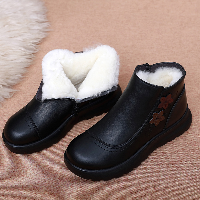 Pantofi damă de iarnă din piele naturală, căptușiți cu lână, talpă PU, vârf rotund, fermoar lateral