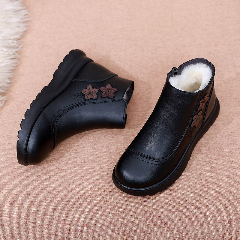 Pantofi damă de iarnă din piele naturală, căptușiți cu lână, talpă PU, vârf rotund, fermoar lateral