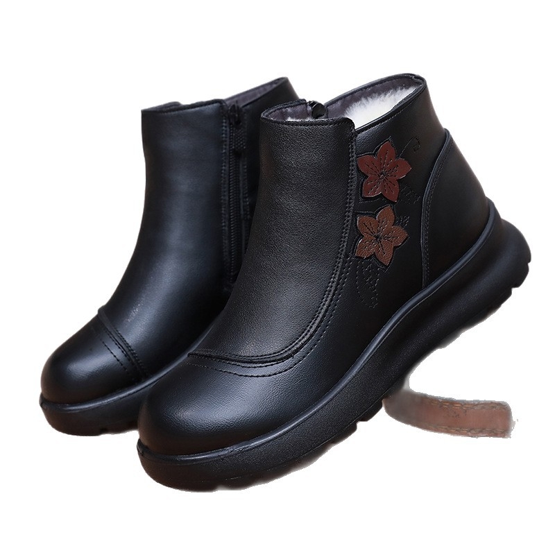 Pantofi damă de iarnă din piele naturală, căptușiți cu lână, talpă PU, vârf rotund, fermoar lateral