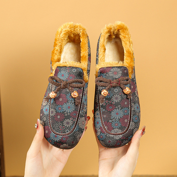 Pantofi damă de iarnă din bumbac cu partea superioară din bumbac, căptușeală din blană sintetică scurtă, talpă PVC, slip-on cu bandă elastică, toc jos 1-3 cm