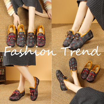 Pantofi damă de iarnă din bumbac cu partea superioară din bumbac, căptușeală din blană sintetică scurtă, talpă PVC, slip-on cu bandă elastică, toc jos 1-3 cm