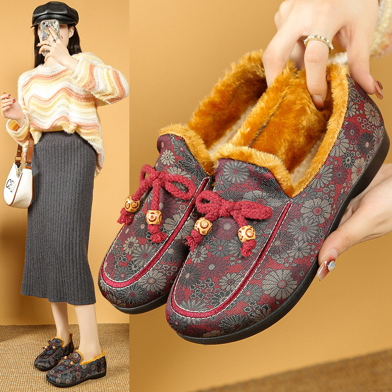 Pantofi damă de iarnă din bumbac cu partea superioară din bumbac, căptușeală din blană sintetică scurtă, talpă PVC, slip-on cu bandă elastică, toc jos 1-3 cm