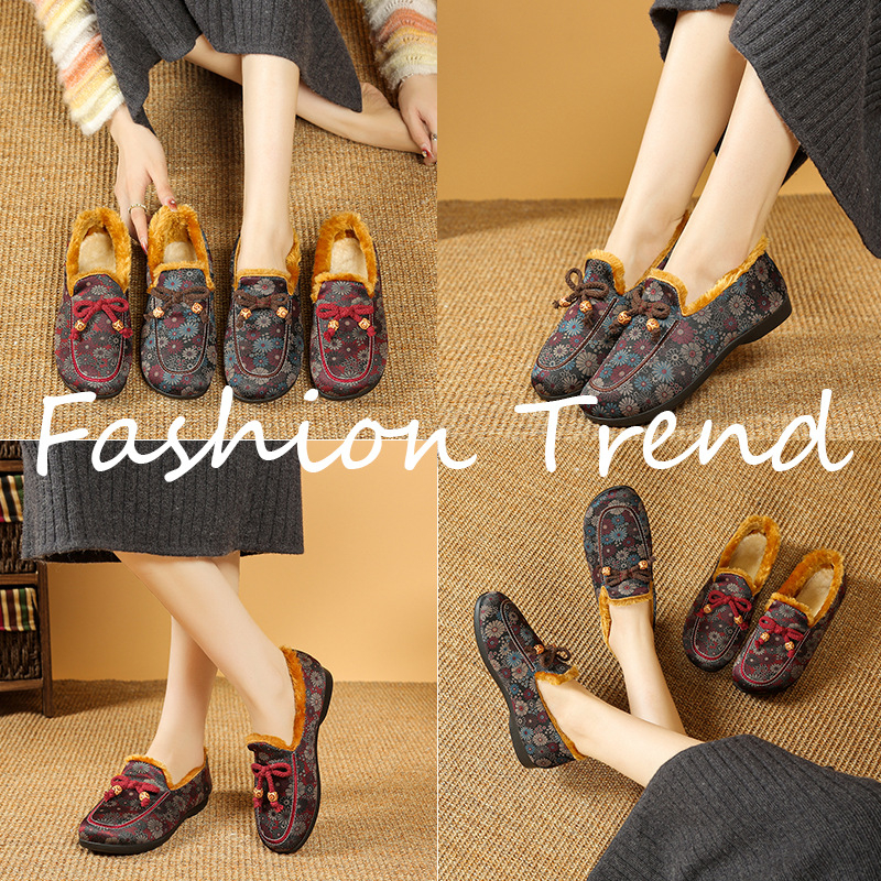 Pantofi damă de iarnă din bumbac cu partea superioară din bumbac, căptușeală din blană sintetică scurtă, talpă PVC, slip-on cu bandă elastică, toc jos 1-3 cm