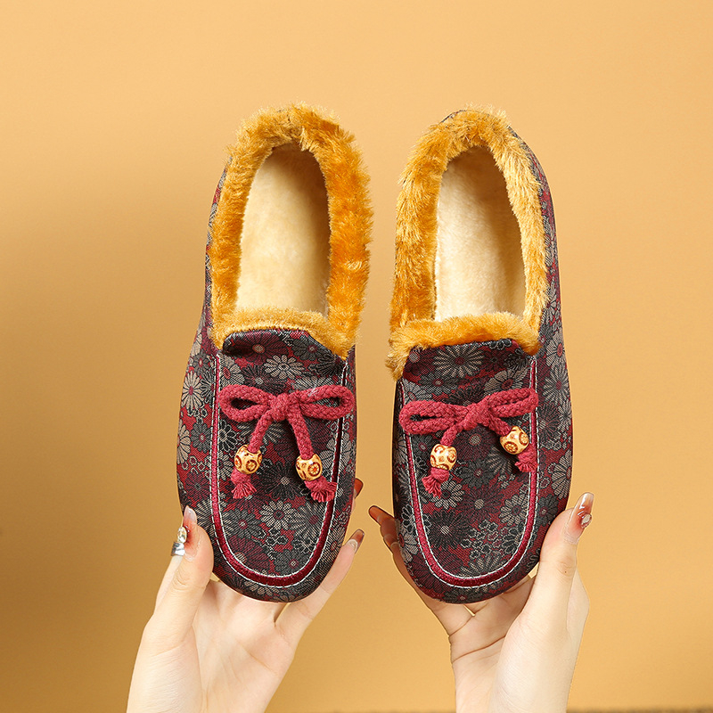 Pantofi damă de iarnă din bumbac cu partea superioară din bumbac, căptușeală din blană sintetică scurtă, talpă PVC, slip-on cu bandă elastică, toc jos 1-3 cm