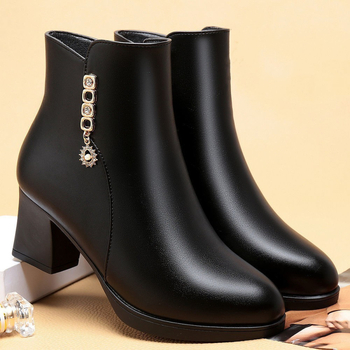 Γυναικεία μποτάκια αστραγάλης από PU δέρμα με επένδυση γούνας, πλαϊνό φερμουάρ, μυτερή μύτη, μεσαίο ύψος τακουνιού 3–5 cm, σόλα από καουτσούκ (Χειμώνας, ζεστά, ανθεκτικά, χαμηλός αστράγαλος)