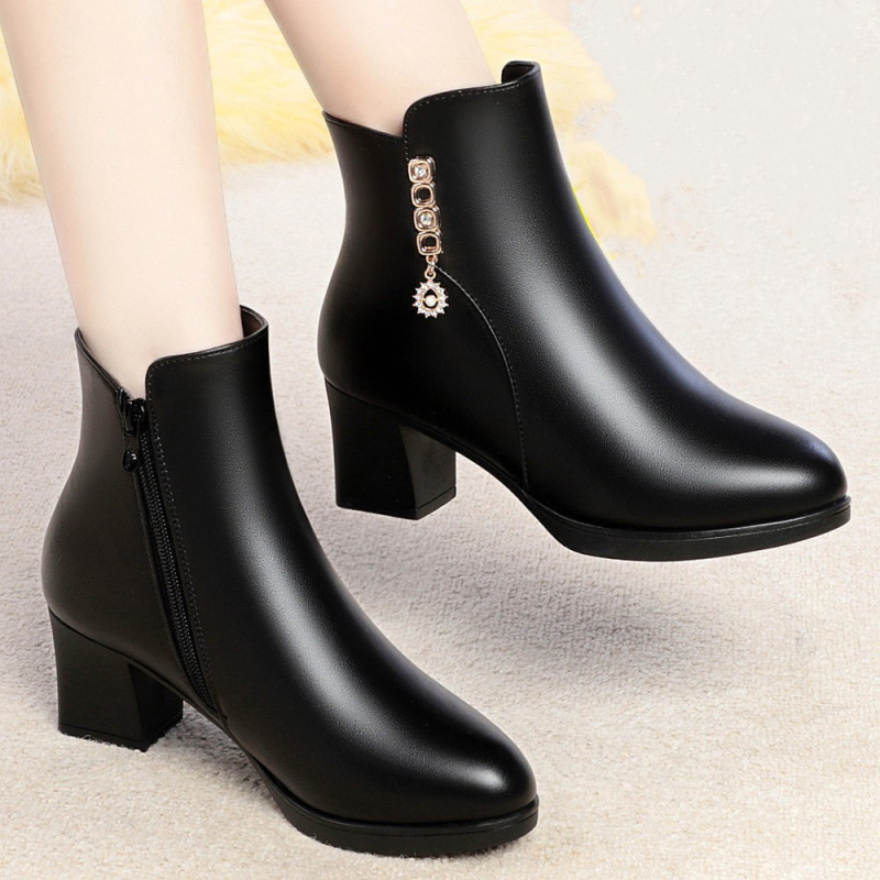 Γυναικεία μποτάκια αστραγάλης από PU δέρμα με επένδυση γούνας, πλαϊνό φερμουάρ, μυτερή μύτη, μεσαίο ύψος τακουνιού 3–5 cm, σόλα από καουτσούκ (Χειμώνας, ζεστά, ανθεκτικά, χαμηλός αστράγαλος)