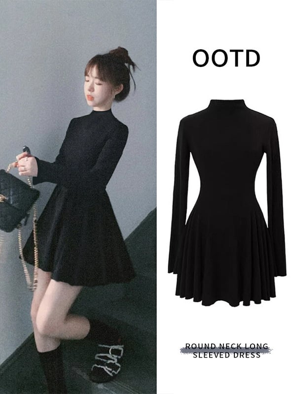 A-liiniga kleit ümmarguse kaelusega, pikkade varrukatega, viskoosi-elastaani segu, sügis 2025.