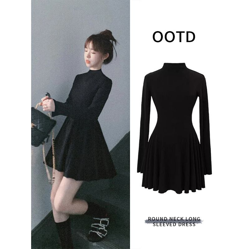 A-liiniga kleit ümmarguse kaelusega, pikkade varrukatega, viskoosi-elastaani segu, sügis 2025.