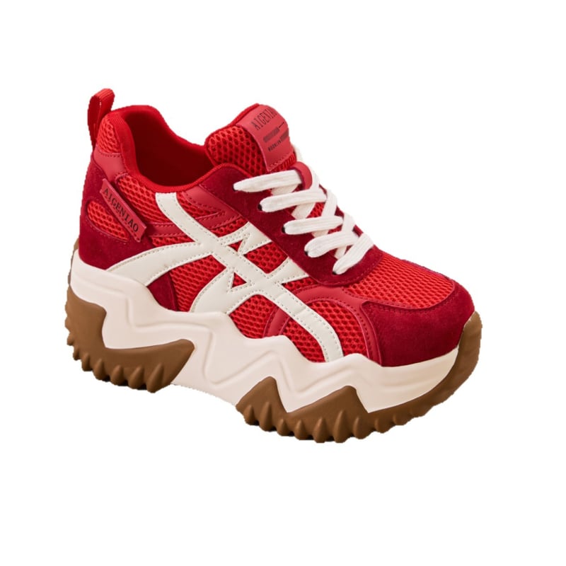 Γυναικεία παπούτσια τύπου dad shoes με ανύψωση ύψους 10 εκ., παχιά σόλα 13 εκ., επάνω μέρος από υπερ ίνες, κορδόνια, EVA πάτος
