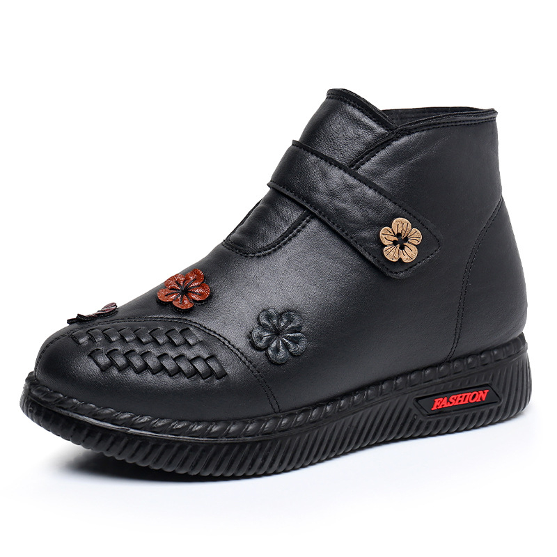 Ghete de iarnă pentru femei, cu Velcro, căptușite cu blană de iepure, impermeabile, antiderapante, talpă PU, toc mic (1–3 cm)