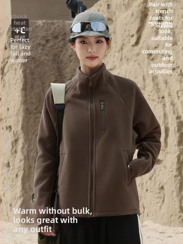 Sievietes flīsa jaka ar augstu apkakli, kardigan stila, vienkrāsaina, ziemas un rudens sezona