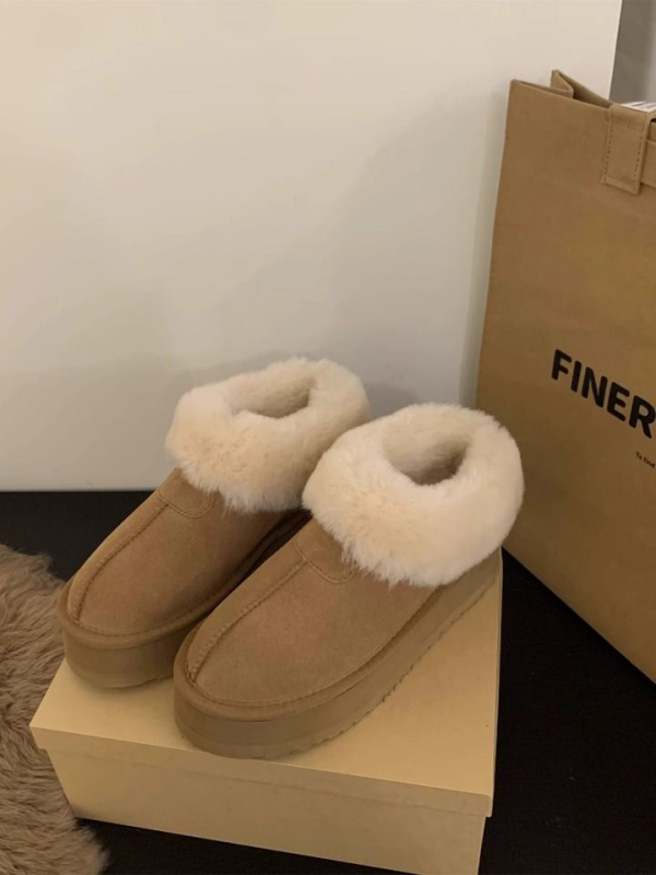 Γυναικείες μπότες χιονιού για χειμώνα με επένδυση γούνας, άνω μέρος από συνθετικό δέρμα, χαμηλός αστράγαλος, μεσαίο τακούνι 3–5 εκ, λατέξ πάτος