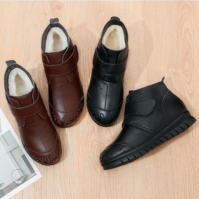 Botine de zăpadă pentru femei cu PU partea superioară, căptușeală din fleece, talpă din cauciuc antiderapant, închidere Velcro, înălțime medie a gambelor