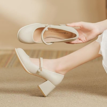 Pantofi Mary Jane - vârf rotund, PU partea superioară, toc mediu gros 3–6 cm, închidere cu cataramă