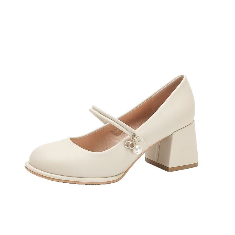 Pantofi Mary Jane - vârf rotund, PU partea superioară, toc mediu gros 3–6 cm, închidere cu cataramă