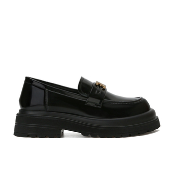 Loafer de damă din piele naturală, vârf rotund, cataramă aurie și talpă groasă, partea superioară din piele cu două straturi, toc mediu 3-5 cm