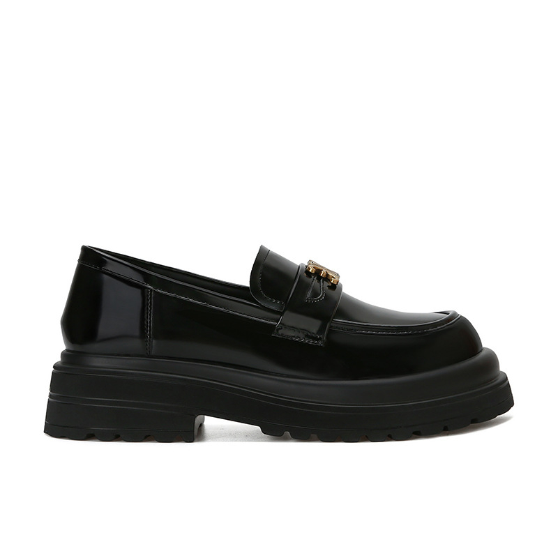 Loafer de damă din piele naturală, vârf rotund, cataramă aurie și talpă groasă, partea superioară din piele cu două straturi, toc mediu 3-5 cm