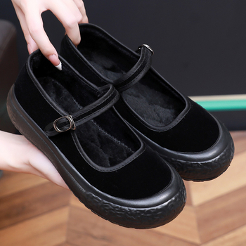 Moteriški žieminiai audinio bateliai su vilnos pamušalu, minkštas veliūro viršus, PU padai, žemas viršus, sagtis