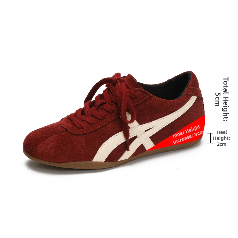 Adidași de damă din piele întoarsă, cu șireturi, înălțare ascunsă, vârf rotund, talpă din cauciuc