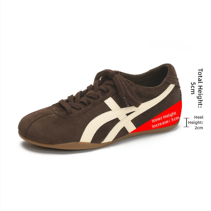 Adidași de damă din piele întoarsă, cu șireturi, înălțare ascunsă, vârf rotund, talpă din cauciuc