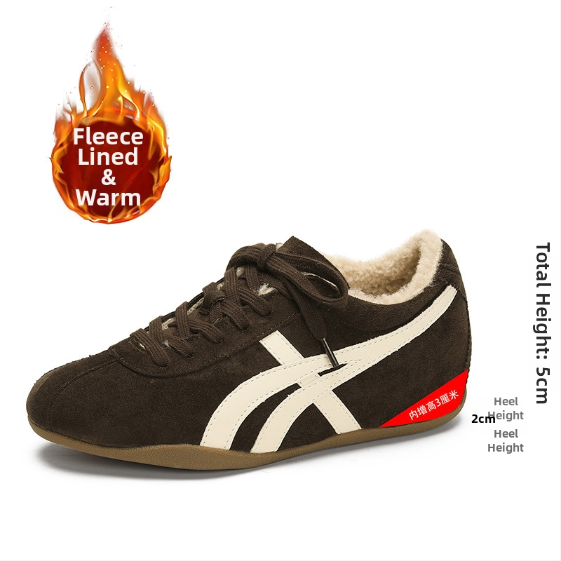 Adidași de damă din piele întoarsă, cu șireturi, înălțare ascunsă, vârf rotund, talpă din cauciuc