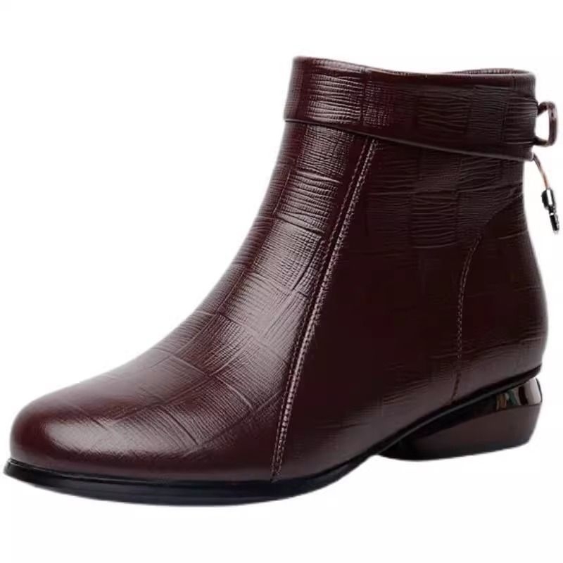 Női téli bakancs alacsony sarkú, kerek orrú, domborított puha bőr, pamut bélés, oldalsó cipzár