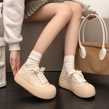 Adidași de femei din pânză, talpă groasă, închidere cu șireturi, vârf rotund, căptușeală PU, talpă din cauciuc