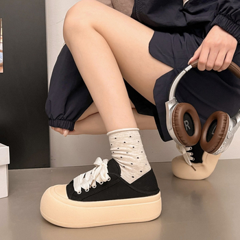 Adidași de femei din pânză, talpă groasă, închidere cu șireturi, vârf rotund, căptușeală PU, talpă din cauciuc