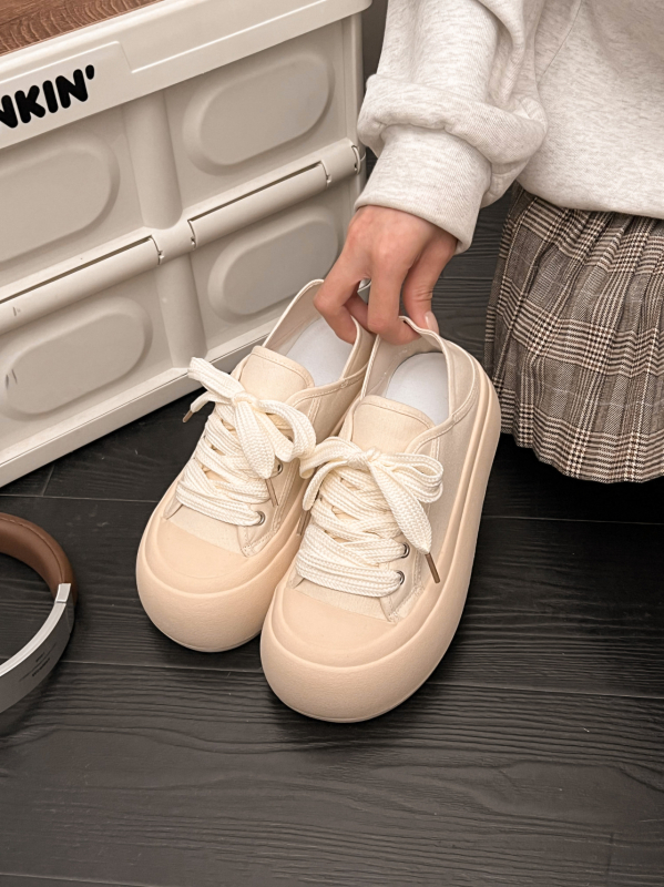 Adidași de femei din pânză, talpă groasă, închidere cu șireturi, vârf rotund, căptușeală PU, talpă din cauciuc