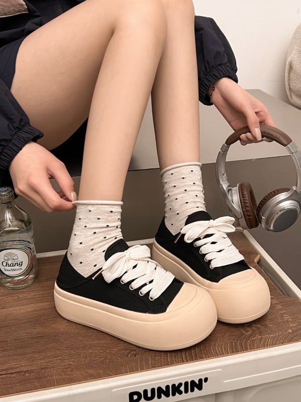 Adidași de femei din pânză, talpă groasă, închidere cu șireturi, vârf rotund, căptușeală PU, talpă din cauciuc