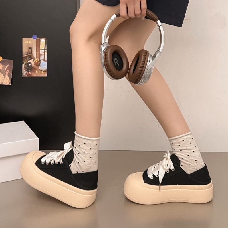 Adidași de femei din pânză, talpă groasă, închidere cu șireturi, vârf rotund, căptușeală PU, talpă din cauciuc