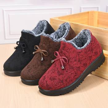 Pantofi dama din bumbac, slip-on, cu căptușeală din pluș scurt, model floral, vârf rotund