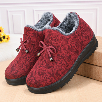 Pantofi dama din bumbac, slip-on, cu căptușeală din pluș scurt, model floral, vârf rotund