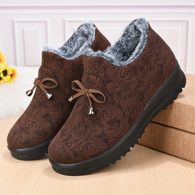 Pantofi dama din bumbac, slip-on, cu căptușeală din pluș scurt, model floral, vârf rotund