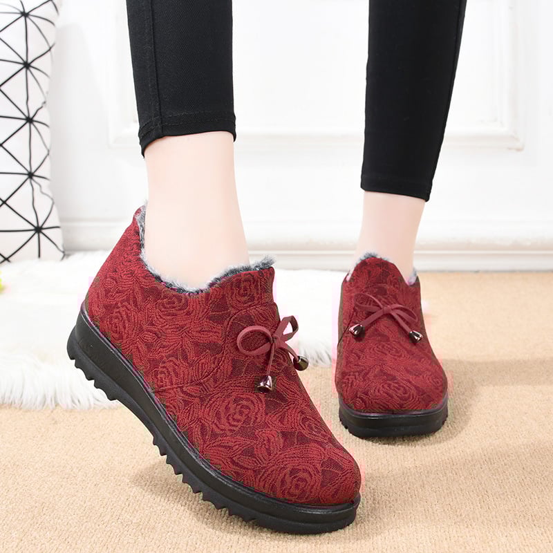 Pantofi dama din bumbac, slip-on, cu căptușeală din pluș scurt, model floral, vârf rotund