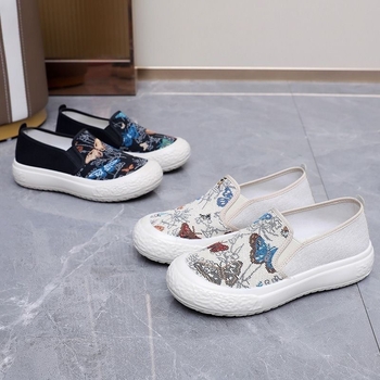 Pantofi din pânză pentru femei – slip-on lejer, vârf rotund, exterior din pânză, talpă PVC, interior textil