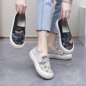 Pantofi din pânză pentru femei – slip-on lejer, vârf rotund, exterior din pânză, talpă PVC, interior textil