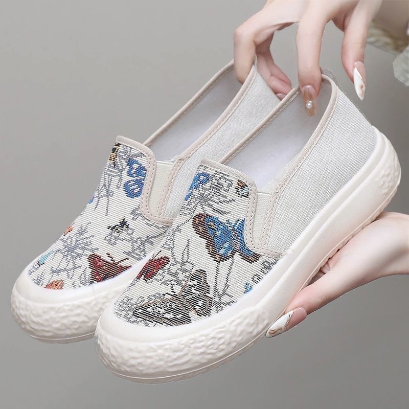 Pantofi din pânză pentru femei – slip-on lejer, vârf rotund, exterior din pânză, talpă PVC, interior textil