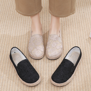 Pantofi damă Fisherman Mori stil, partea superioară din bumbac-lână, vârf rotund, Slip-On, talpă poliuretană, toc plat