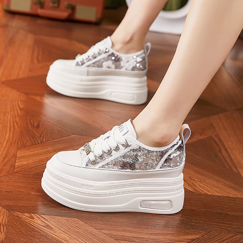 Sneakers femei cu creștere înălțată, talpă groasă, suprafață textilă, talpă PU, șireturi, potriviți pentru primăvară-vară-toamnă